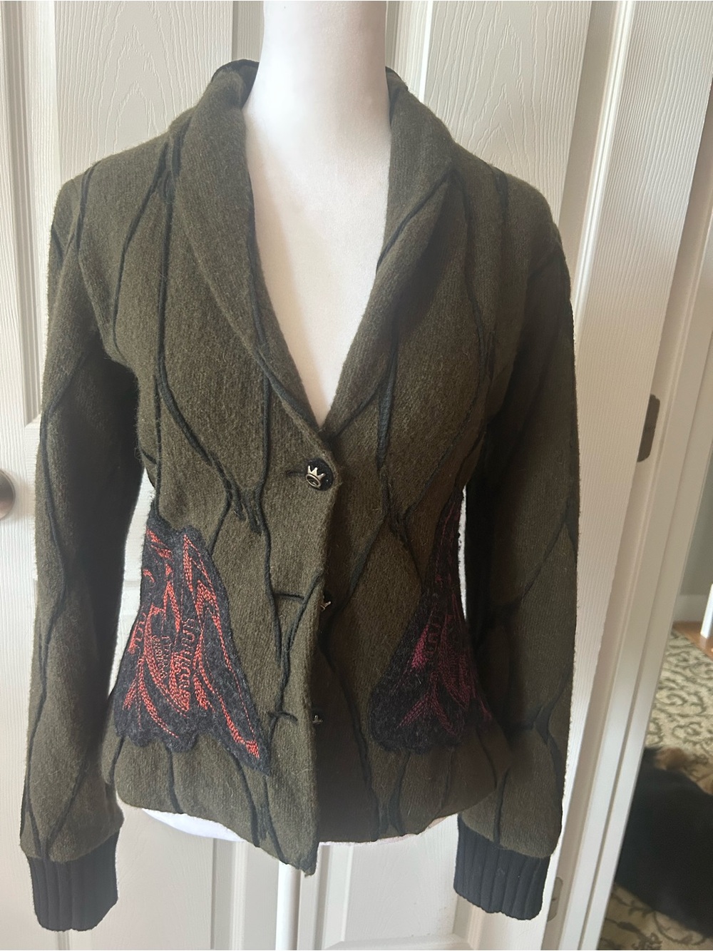 Save The Queen Olive Green Embroidered Blazer Sweater Jacket